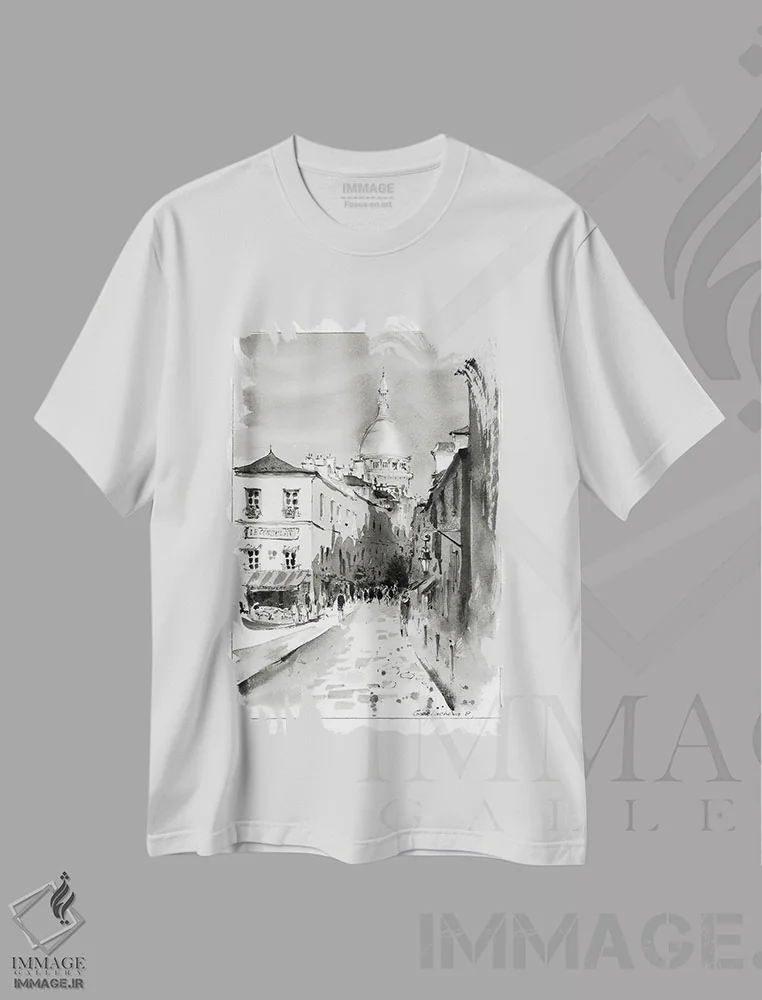 تیشرت سفید طرح دار Paris,مون مارتر سیاه و سفید، پاریس، هنر فاخر معاصر اثر هوم لایک آرت | immage.ir