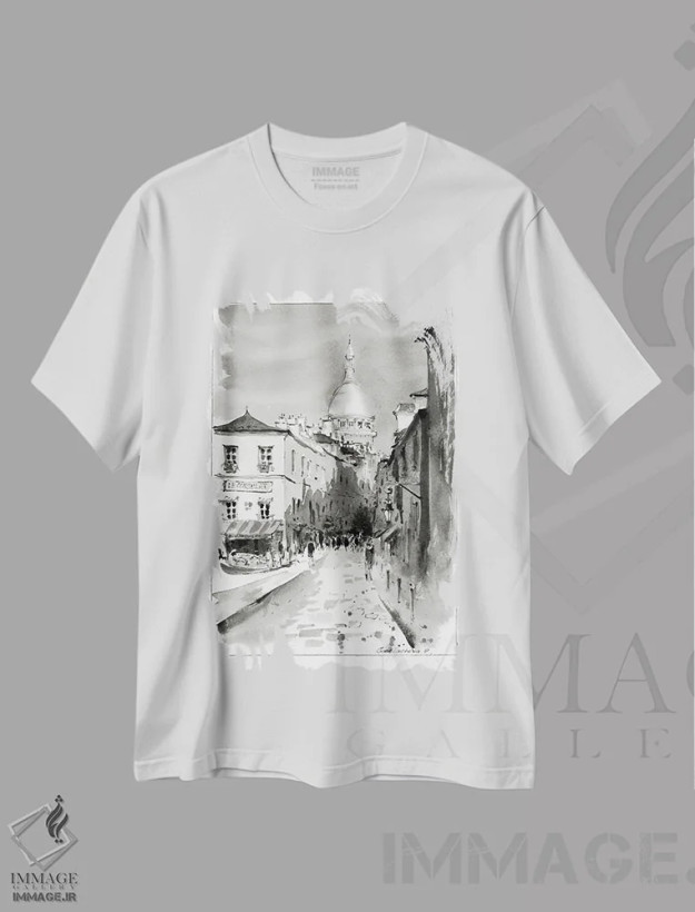 تیشرت سفید طرح دار Paris,مون مارتر سیاه و سفید، پاریس، هنر فاخر معاصر اثر هوم لایک آرت | immage.ir