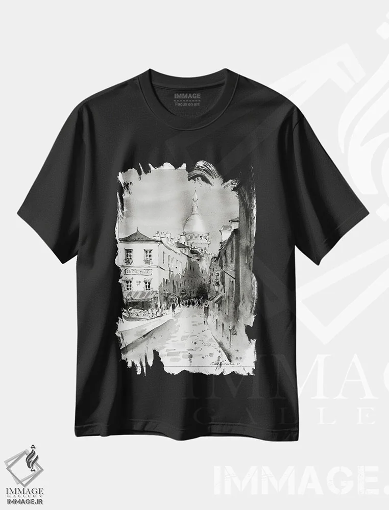 تیشرت مشکی طرح دار Paris,مون مارتر سیاه و سفید، پاریس، هنر فاخر معاصر اثر هوم لایک آرت | فروشگاه ایماژ