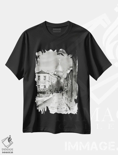 تیشرت مشکی طرح دار Paris,مون مارتر سیاه و سفید، پاریس، هنر فاخر معاصر اثر هوم لایک آرت | فروشگاه ایماژ