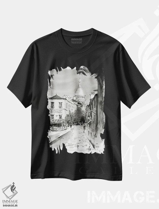 تیشرت مشکی طرح دار Paris,مون مارتر سیاه و سفید، پاریس، هنر فاخر معاصر اثر هوم لایک آرت | فروشگاه ایماژ