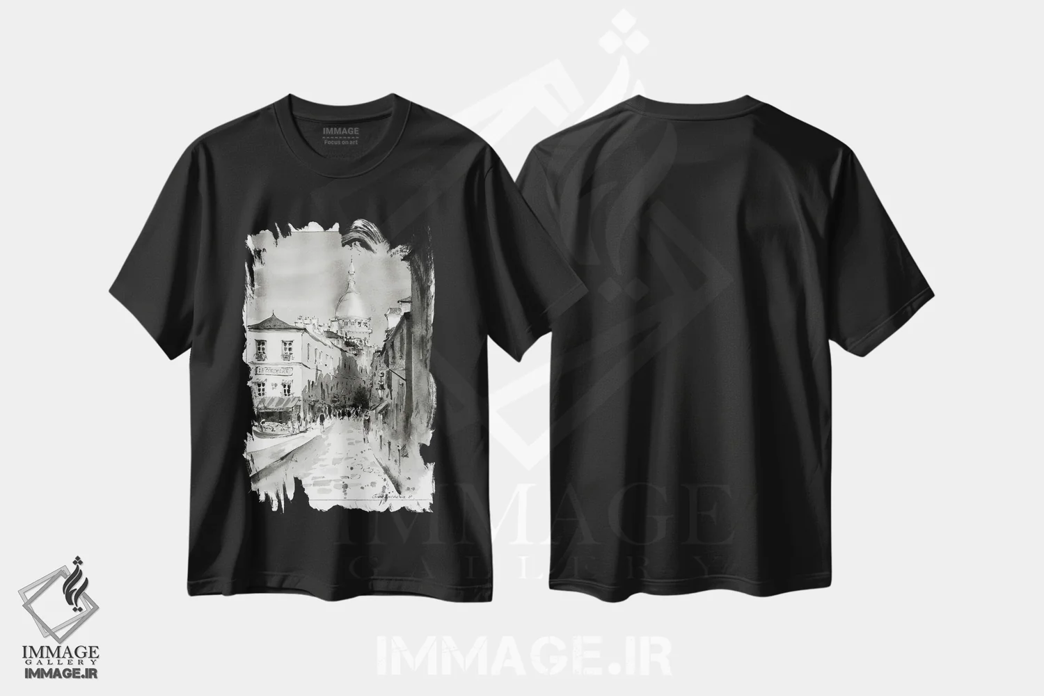 تیشرت مشکی طرح دار Paris,مون مارتر سیاه و سفید، پاریس، هنر فاخر معاصر اثر هوم لایک آرت | فروشگاه ایماژ