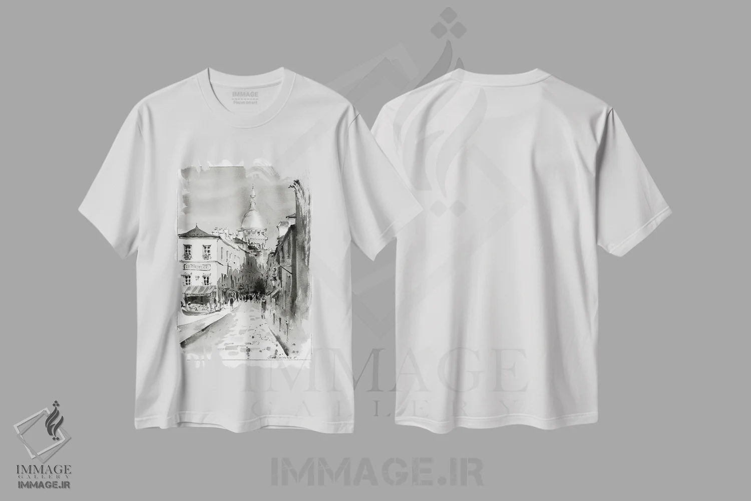 تیشرت سفید طرح دار Paris,مون مارتر سیاه و سفید، پاریس، هنر فاخر معاصر اثر هوم لایک آرت | immage.ir