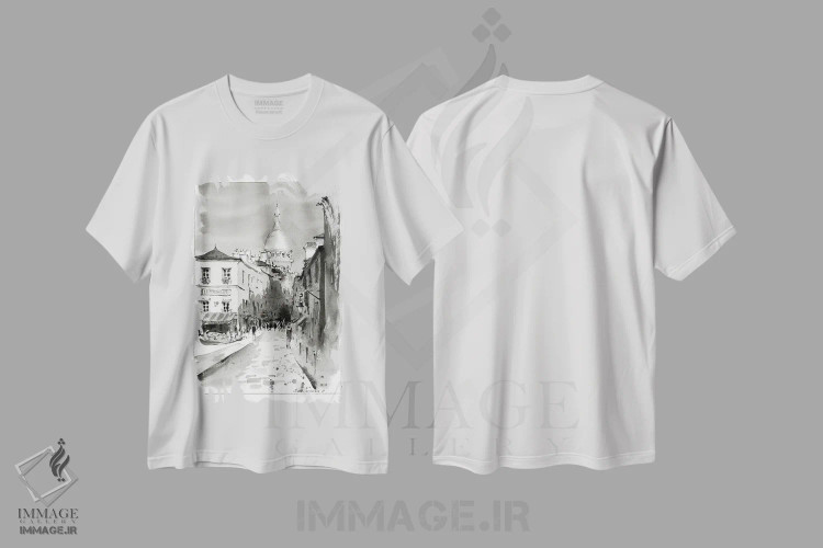 تیشرت سفید طرح دار Paris,مون مارتر سیاه و سفید، پاریس، هنر فاخر معاصر اثر هوم لایک آرت | immage.ir