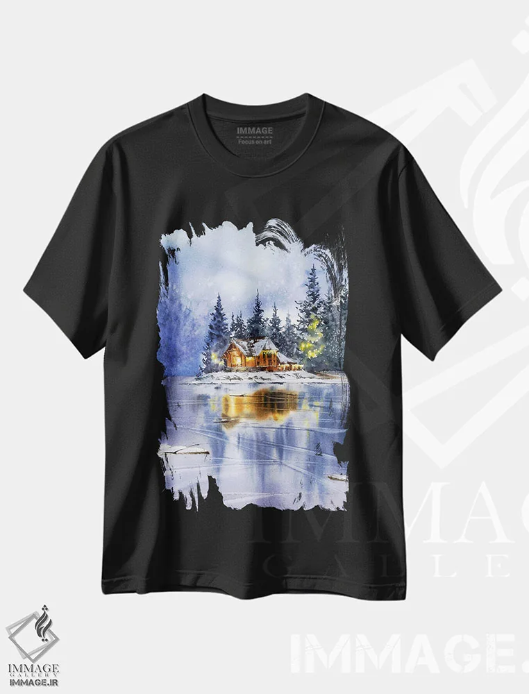 تیشرت مشکی طرح دار Christmas Motif,منظره زمستانی با تم کریسمس، دکور کلبه و لژ اثر هوم لایک آرت | immage.ir