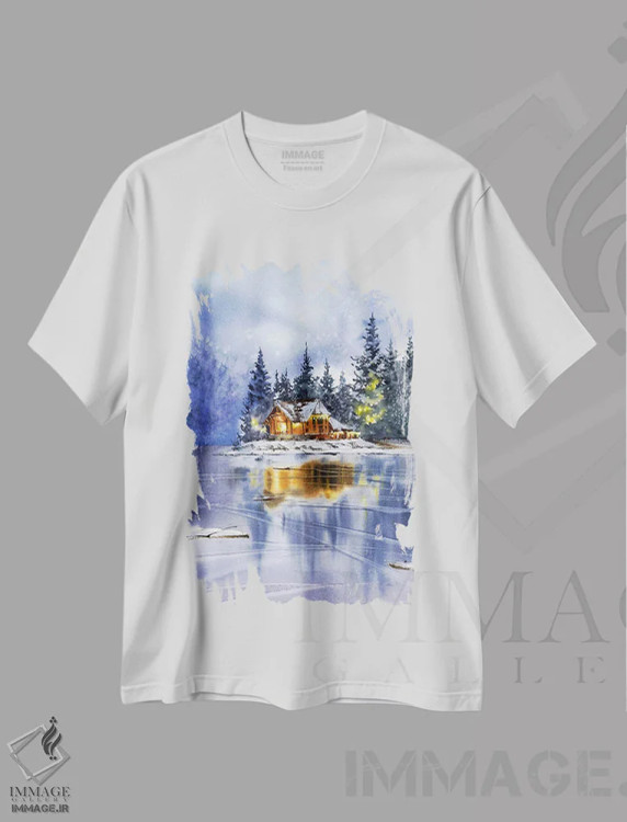 تیشرت سفید طرح دار Christmas Motif,منظره زمستانی با تم کریسمس، دکور کلبه و لژ اثر هوم لایک آرت | فروشگاه ایماژ