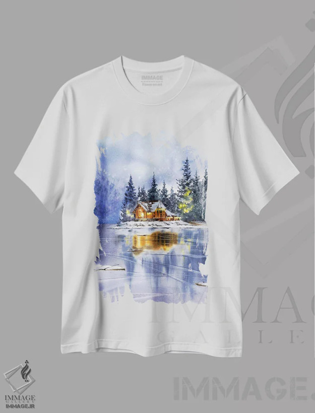 تیشرت سفید طرح دار Christmas Motif,منظره زمستانی با تم کریسمس، دکور کلبه و لژ اثر هوم لایک آرت | فروشگاه ایماژ