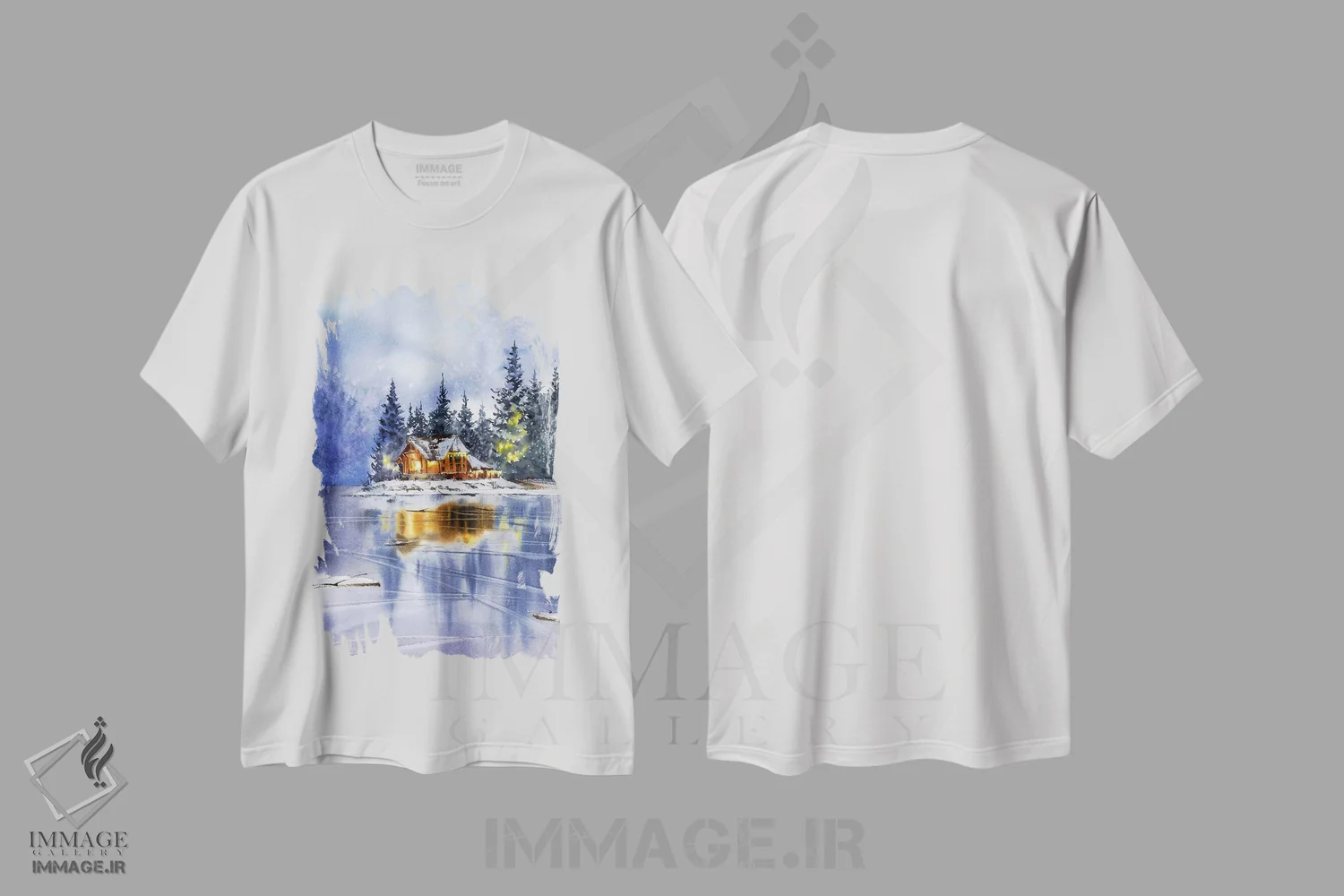 تیشرت سفید طرح دار Christmas Motif,منظره زمستانی با تم کریسمس، دکور کلبه و لژ اثر هوم لایک آرت | فروشگاه ایماژ