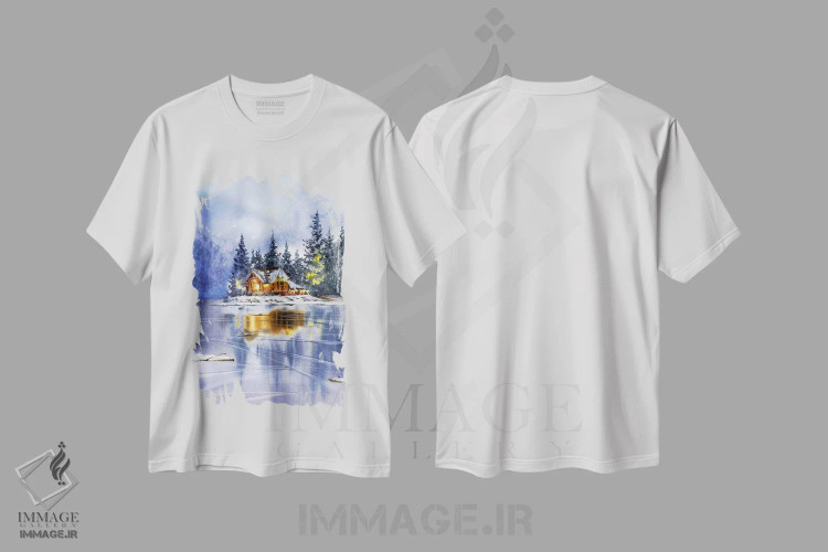 تیشرت سفید طرح دار Christmas Motif,منظره زمستانی با تم کریسمس، دکور کلبه و لژ اثر هوم لایک آرت | فروشگاه ایماژ