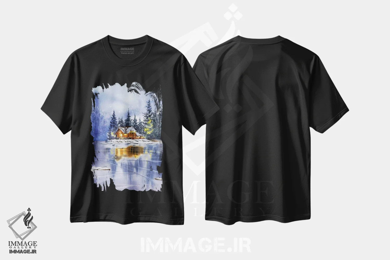 تیشرت مشکی طرح دار Christmas Motif,منظره زمستانی با تم کریسمس، دکور کلبه و لژ اثر هوم لایک آرت | immage.ir