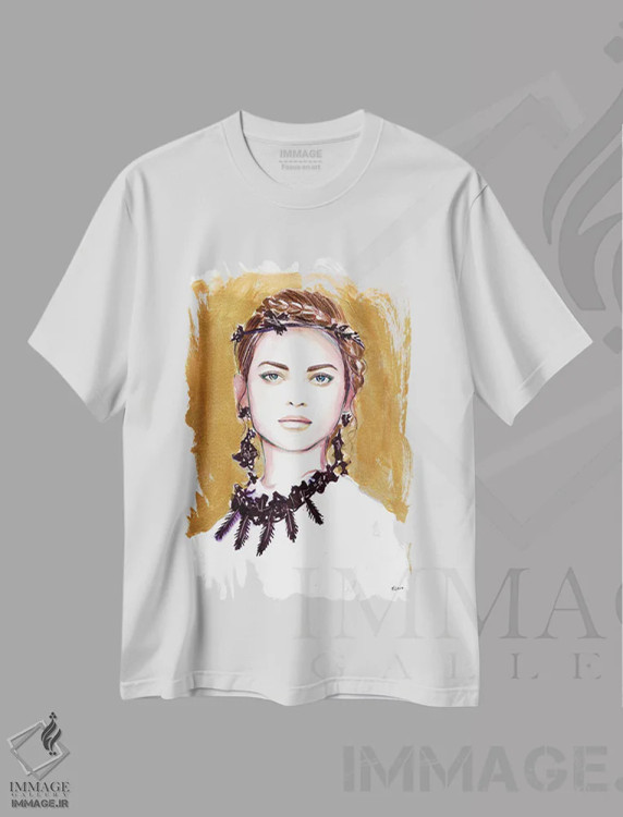 تیشرت سفید طرح دار تاج و پر، هنر فاخر معاصر اثر هارت آو لیلی | فروشگاه ایماژ