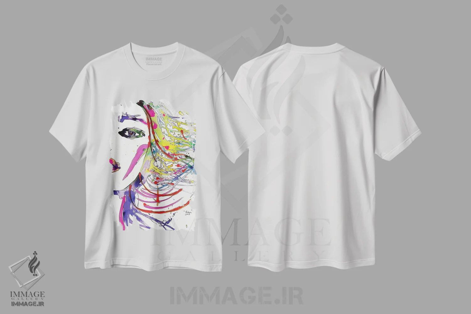 تیشرت سفید طرح دار پاشش های رنگین کمانی مو، دکور معاصر اثر هارت آو لیلی | فروشگاه ایماژ