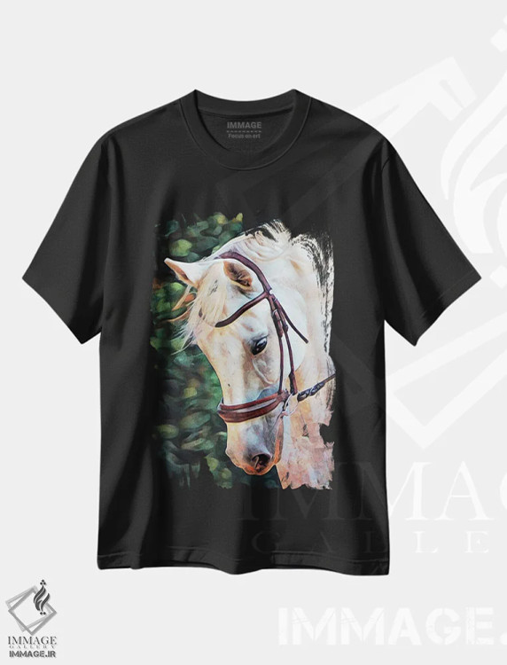 تیشرت مشکی طرح دار مادیان عرب سفید، دکور روستایی اثر اشلی آلدرج | فروشگاه ایماژ