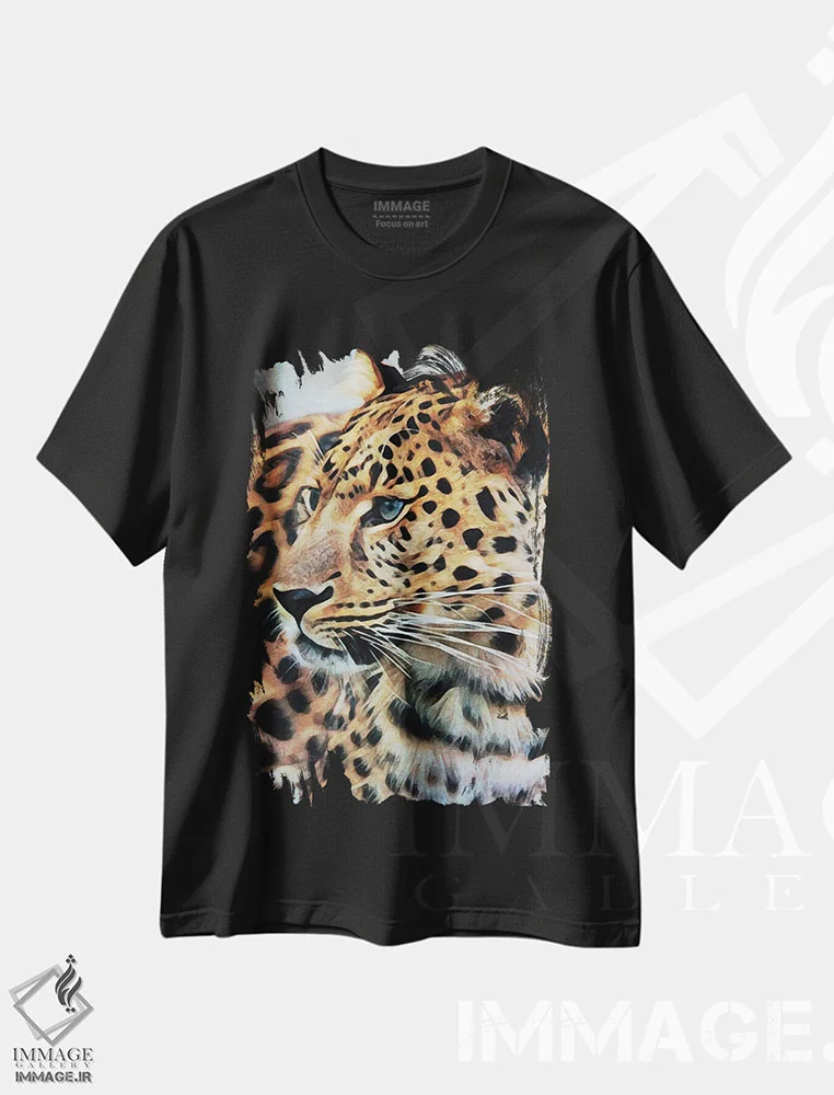 تیشرت مشکی طرح دار یوزپلنگ مشتاق، هنر دیجیتال اثر اشلی آلدرج | فروشگاه ایماژ