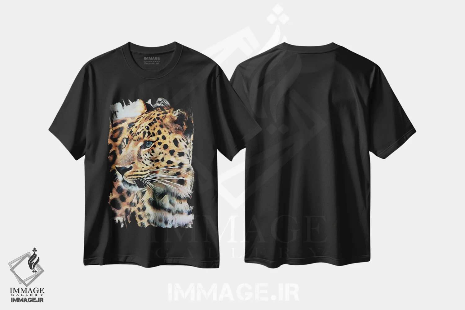 تیشرت مشکی طرح دار یوزپلنگ مشتاق، هنر دیجیتال اثر اشلی آلدرج | فروشگاه ایماژ
