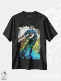 تیشرت مشکی طرح دار طاووس زیبا و مغرور، دکور بوهمی اثر اشلی آلدرج | فروشگاه ایماژ