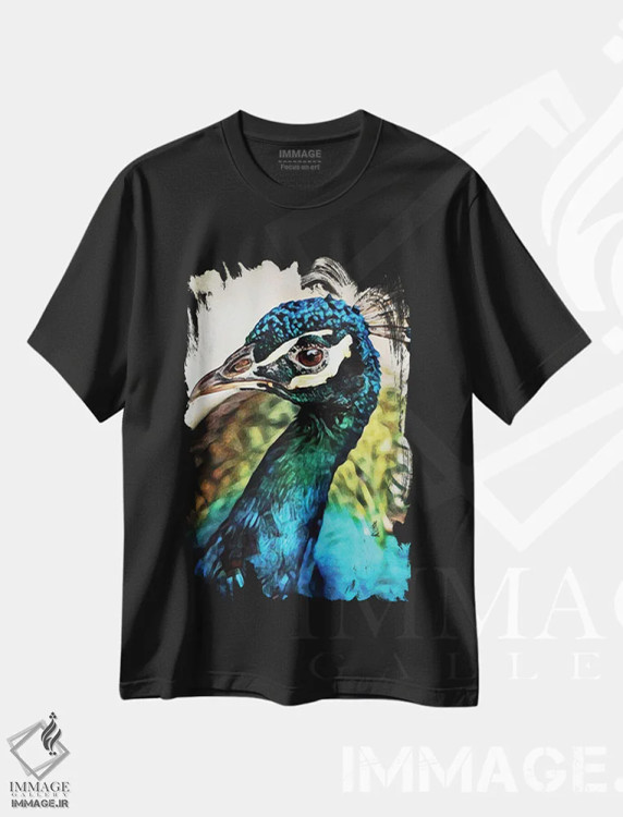 تیشرت مشکی طرح دار طاووس زیبا و مغرور، دکور بوهمی اثر اشلی آلدرج | فروشگاه ایماژ