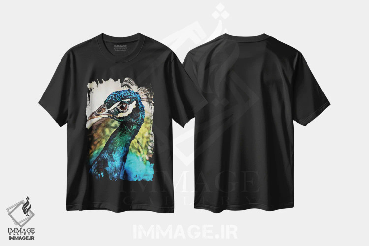 تیشرت مشکی طرح دار طاووس زیبا و مغرور، دکور بوهمی اثر اشلی آلدرج | فروشگاه ایماژ