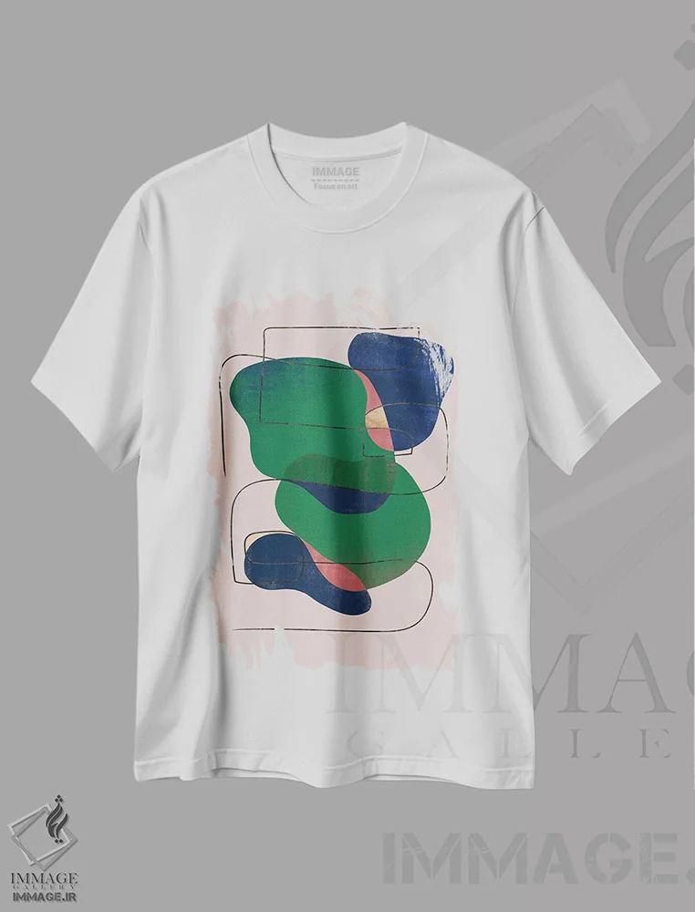 تیشرت سفید طرح دار اشکال هندسی عقیق سبز انتزاعی I اثر هلو مورائس | فروشگاه ایماژ