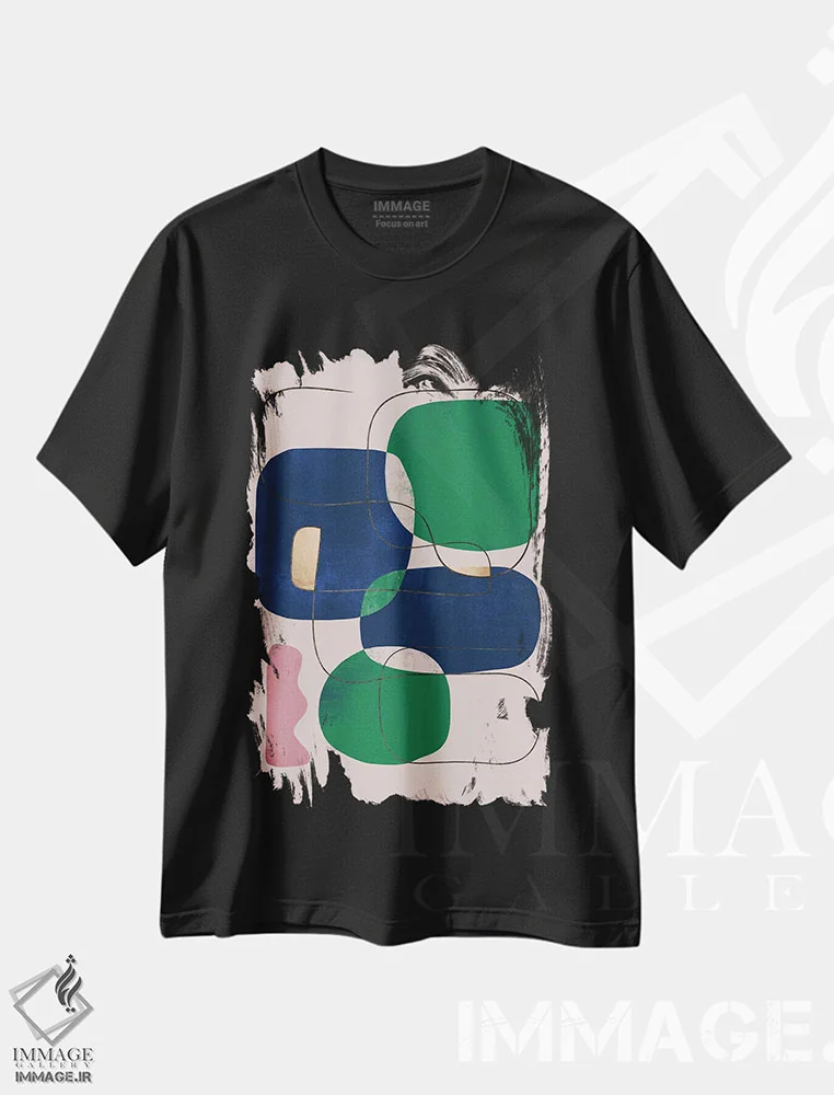 تیشرت مشکی طرح دار اشکال هندسی عقیق سبز انتزاعی II اثر هلو مورائس | فروشگاه ایماژ