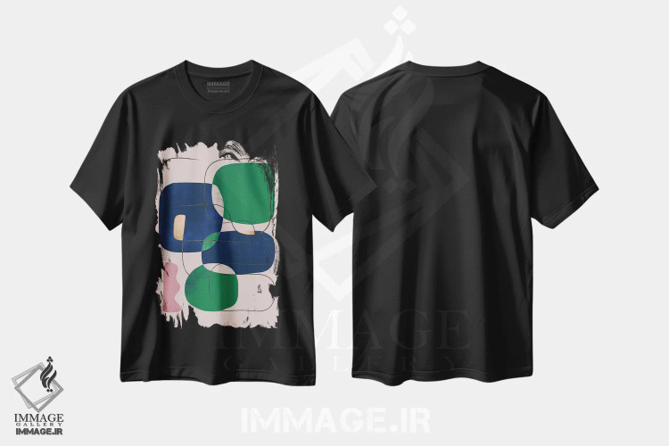 تیشرت مشکی طرح دار اشکال هندسی عقیق سبز انتزاعی II اثر هلو مورائس | فروشگاه ایماژ