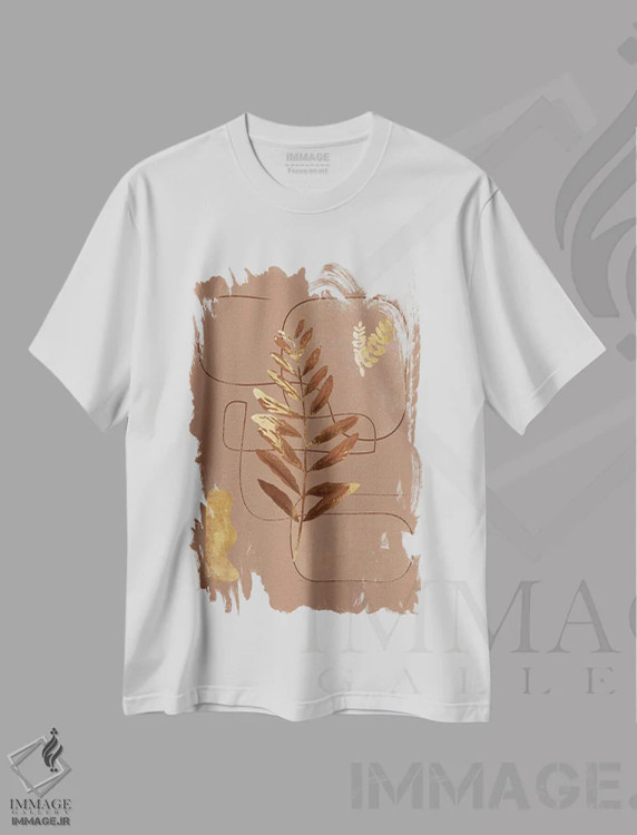 تیشرت سفید طرح دار برگ طلایی انتزاعی III، آبستره اثر هلو مورائس | فروشگاه ایماژ
