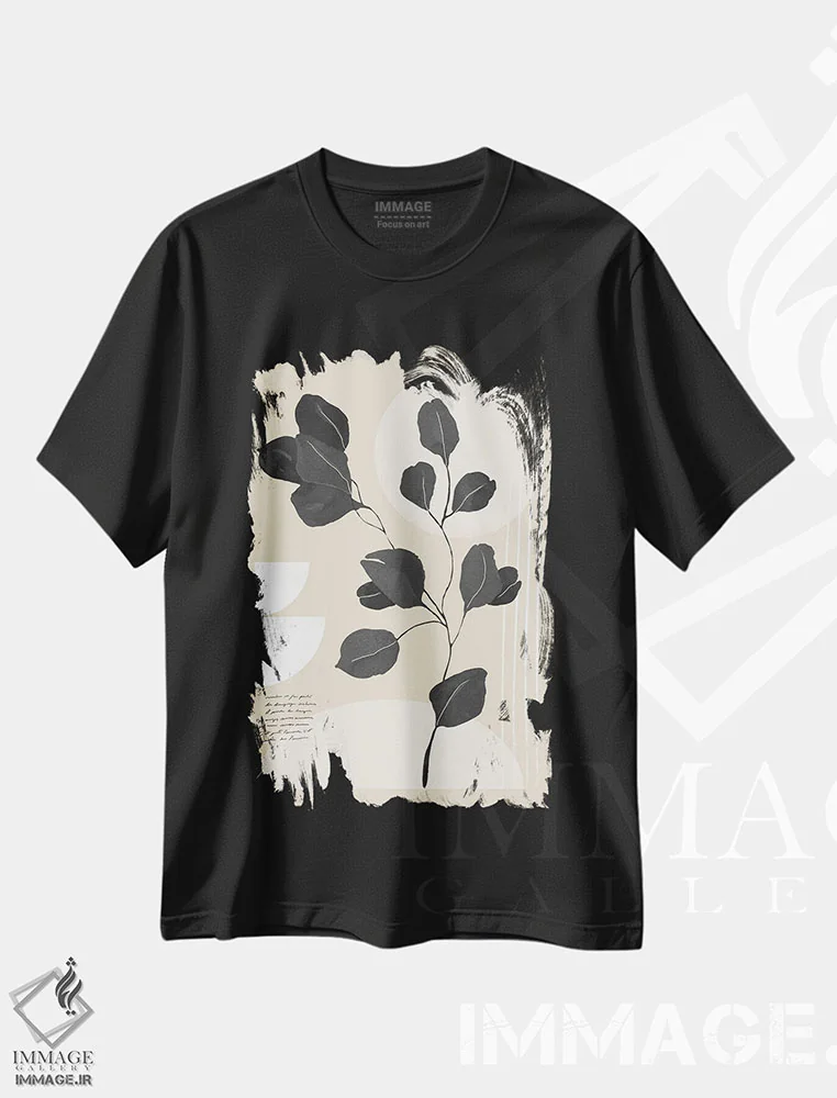 تیشرت مشکی طرح دار برگ مینیمال انتزاعی II، تزئینی اثر هلو مورائس | فروشگاه ایماژ