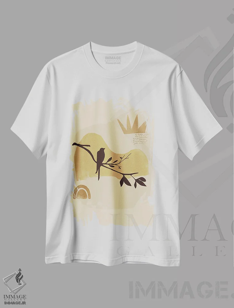 تیشرت سفید طرح دار پرنده خردلی انتزاعی I، آبستره اثر هلو مورائس | فروشگاه ایماژ