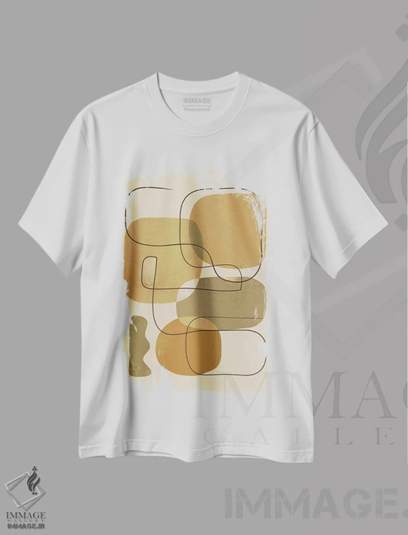 تیشرت سفید طرح دار اشکال هندسی خردلی انتزاعی I اثر هلو مورائس | فروشگاه ایماژ