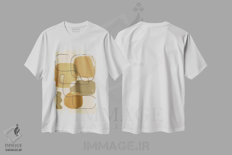 تیشرت سفید طرح دار اشکال هندسی خردلی انتزاعی I اثر هلو مورائس | فروشگاه ایماژ