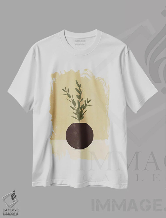 تیشرت سفید طرح دار برگ خردلی انتزاعی III، تزئینی اثر هلو مورائس | immage.ir