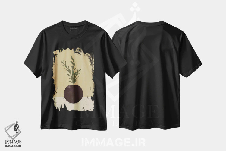 تیشرت مشکی طرح دار برگ خردلی انتزاعی III، تزئینی اثر هلو مورائس | فروشگاه ایماژ