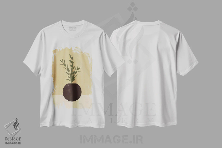 تیشرت سفید طرح دار برگ خردلی انتزاعی III، تزئینی اثر هلو مورائس | immage.ir