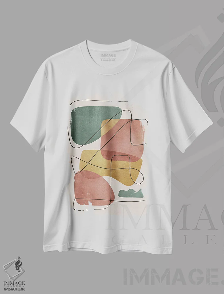 تیشرت سفید طرح دار اشکال هندسی واحه انتزاعی I اثر هلو مورائس | فروشگاه ایماژ