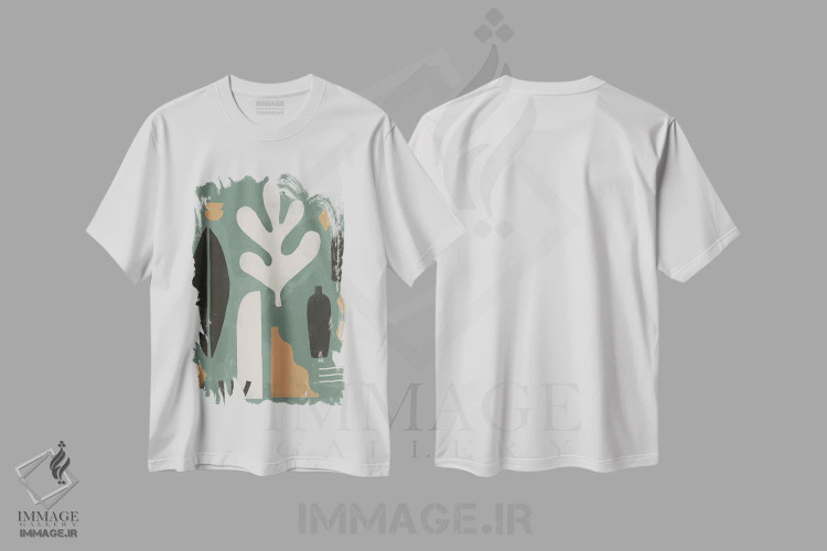 تیشرت سفید طرح دار شکل واحه انتزاعی II اثر هلو مورائس | فروشگاه ایماژ