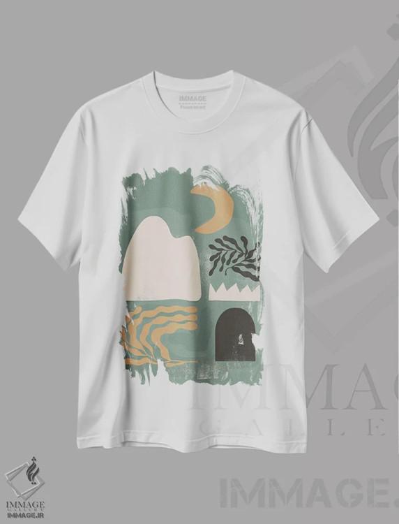تیشرت سفید طرح دار شکل انتزاعی واحه چهارم اثر هلو مورائس | فروشگاه ایماژ