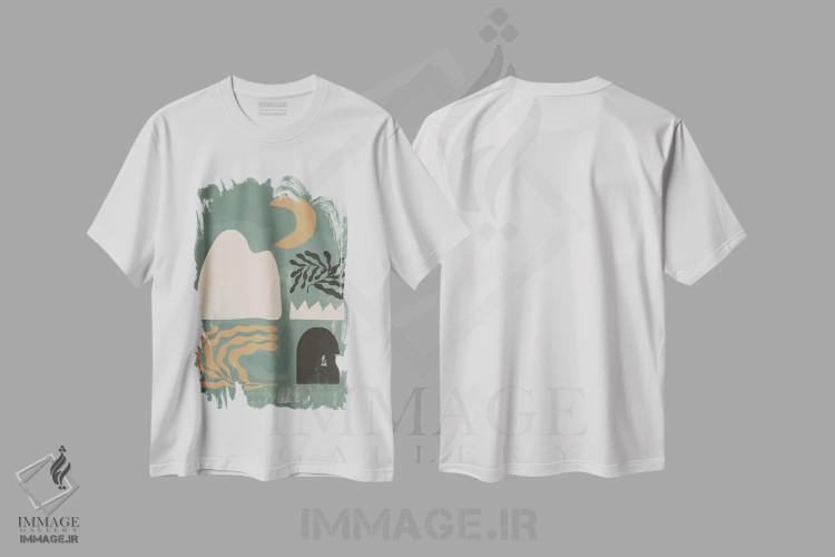 تیشرت سفید طرح دار شکل انتزاعی واحه چهارم اثر هلو مورائس | فروشگاه ایماژ