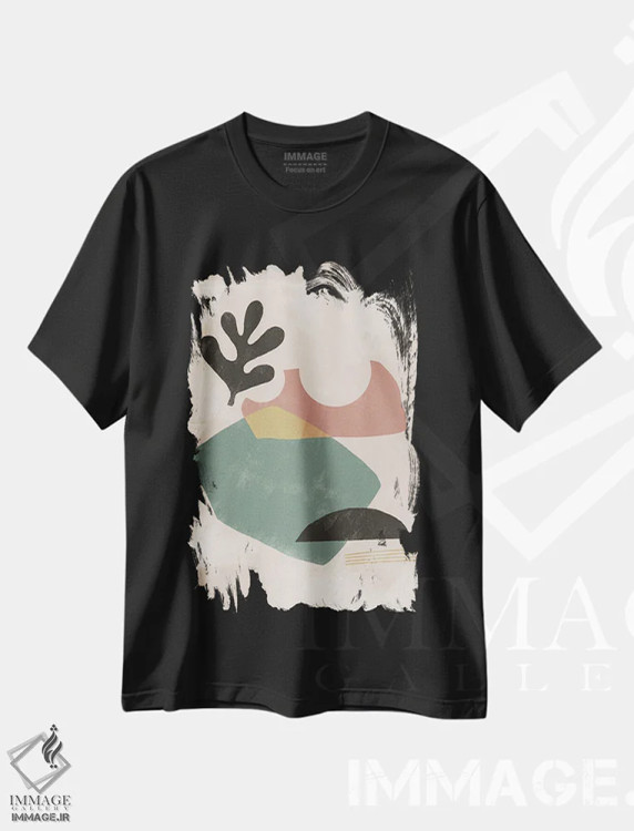 تیشرت مشکی طرح دار شکل انتزاعی واحه ششم اثر هلو مورائس | فروشگاه ایماژ
