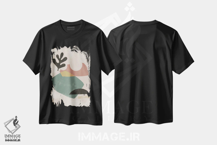 تیشرت مشکی طرح دار شکل انتزاعی واحه ششم اثر هلو مورائس | فروشگاه ایماژ