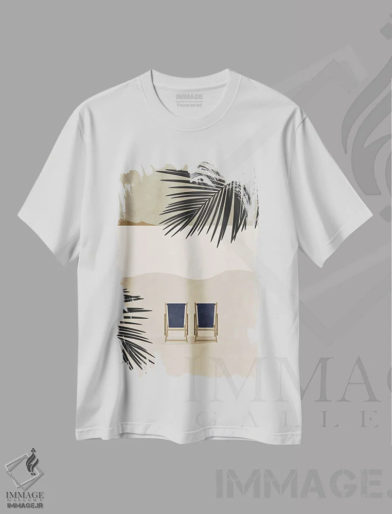 تیشرت سفید طرح دار ساحل ملکه انتزاعی یک، دکور ساحلی اثر هلو مورائس | فروشگاه ایماژ