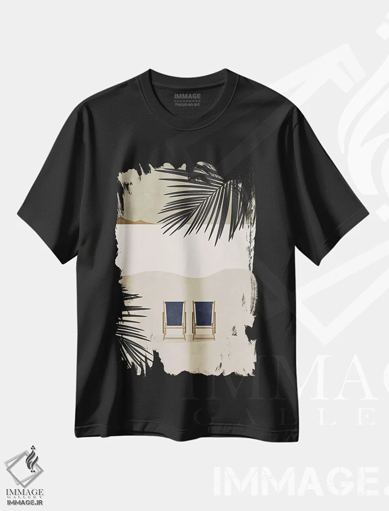 تیشرت مشکی طرح دار ساحل ملکه انتزاعی یک، دکور ساحلی اثر هلو مورائس | immage.ir