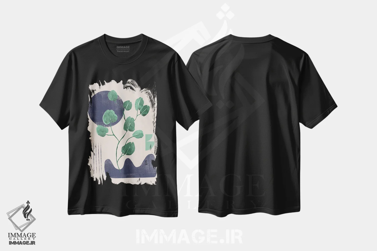 تیشرت مشکی طرح دار برگ رنگین کمانی انتزاعی یک، تزئینی اثر هلو مورائس | فروشگاه ایماژ