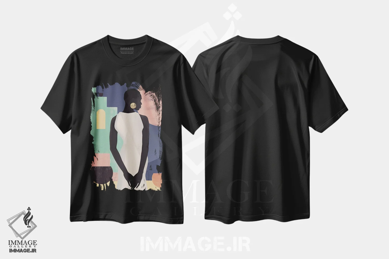 تیشرت مشکی طرح دار دختر رنگین کمانی انتزاعی دو، هنر آمریکایی آفریقایی تبار اثر هلو مورائس | immage.ir