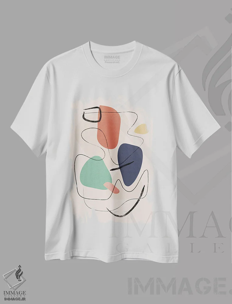 تیشرت سفید طرح دار خط رنگین کمانی انتزاعی دو اثر هلو مورائس | فروشگاه ایماژ