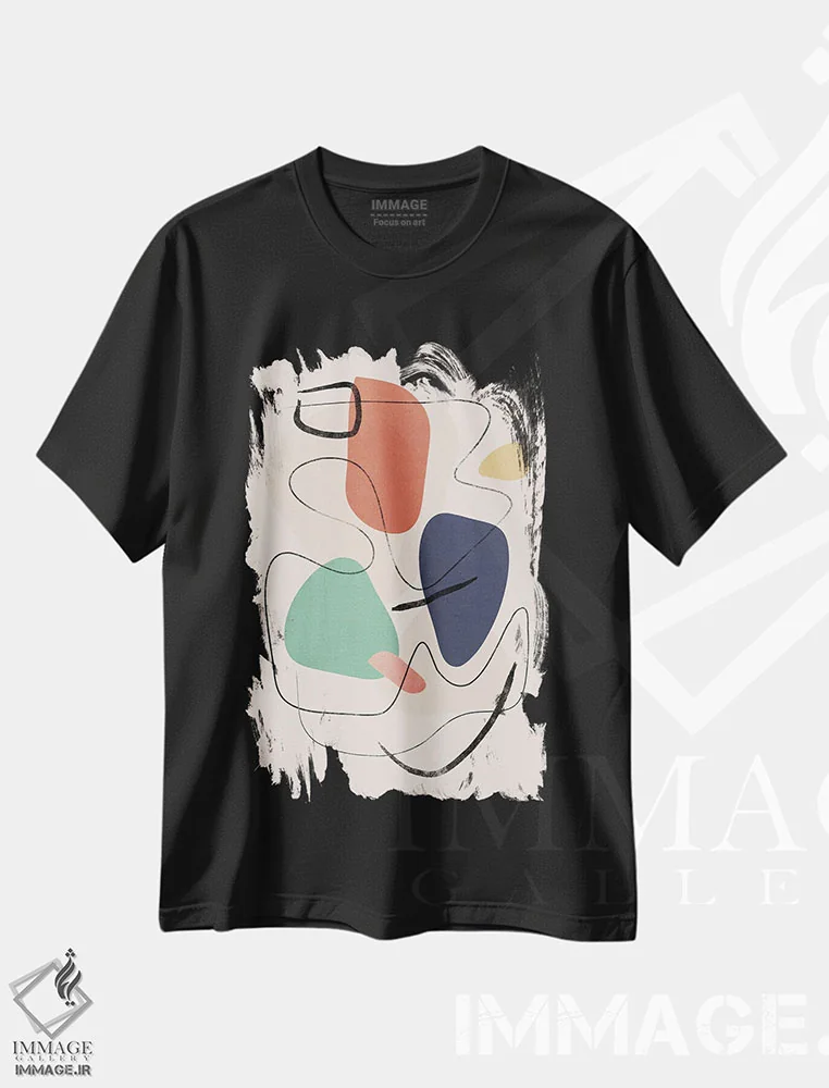 تیشرت مشکی طرح دار خط رنگین کمانی انتزاعی دو اثر هلو مورائس | immage.ir