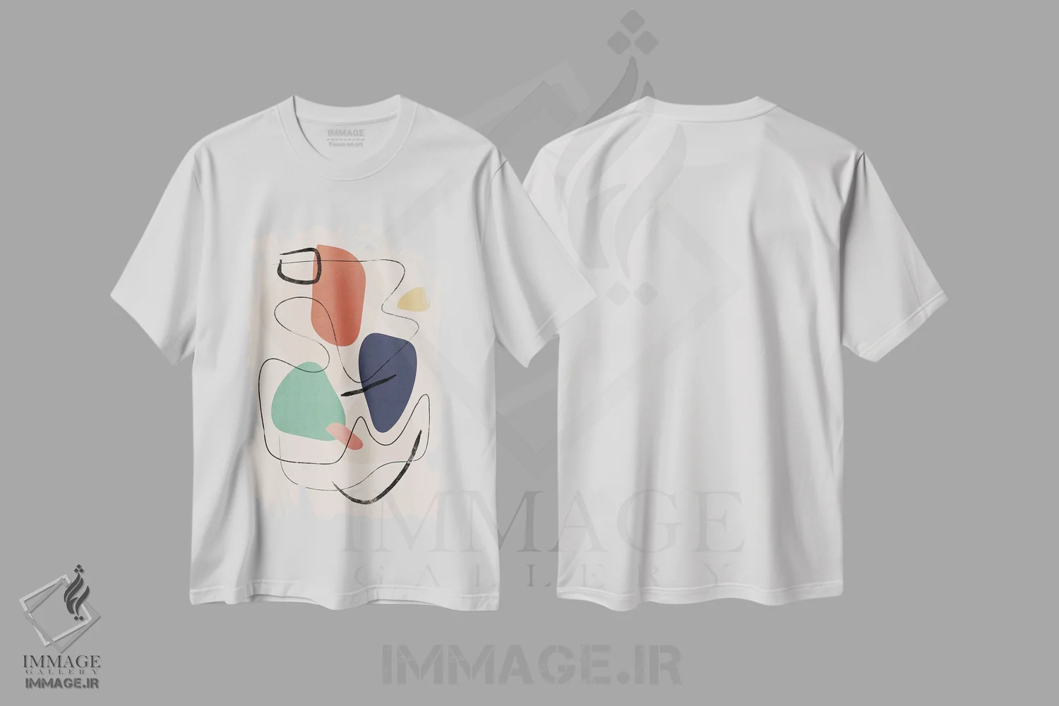 تیشرت سفید طرح دار خط رنگین کمانی انتزاعی دو اثر هلو مورائس | فروشگاه ایماژ