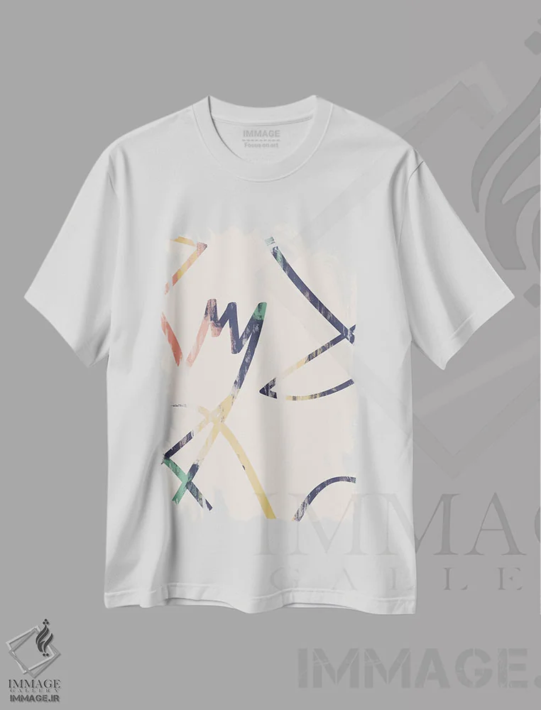 تیشرت سفید طرح دار خط رنگین کمانی انتزاعی سه اثر هلو مورائس | immage.ir