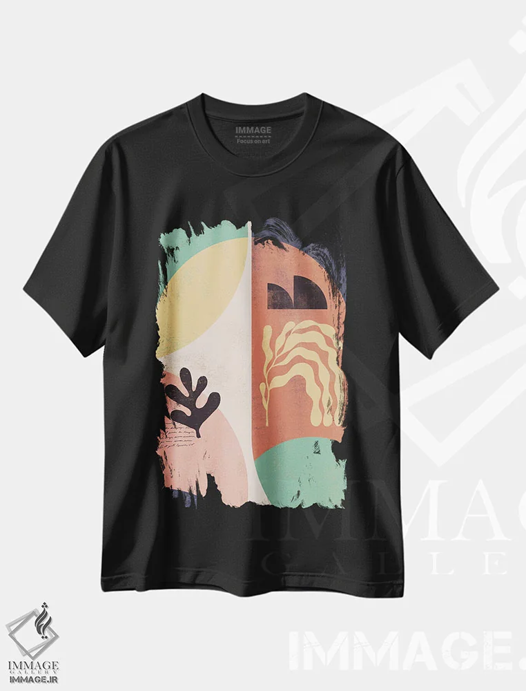 تیشرت مشکی طرح دار شکل رنگین کمانی انتزاعی دو اثر هلو مورائس | immage.ir