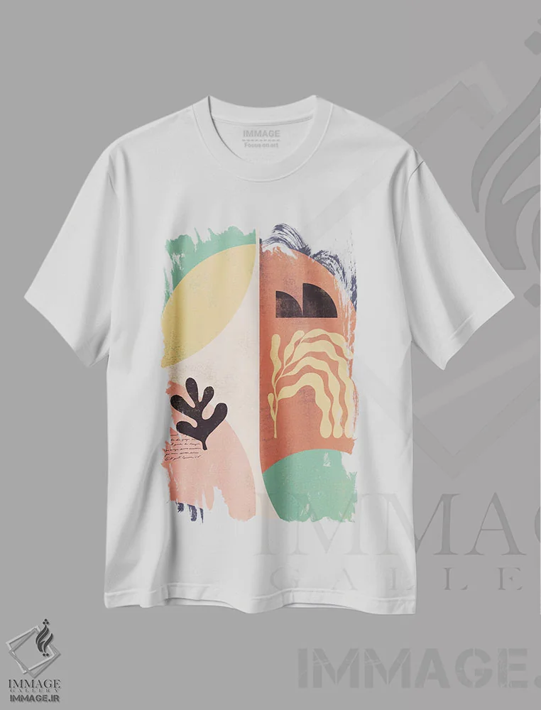 تیشرت سفید طرح دار شکل رنگین کمانی انتزاعی دو اثر هلو مورائس | فروشگاه ایماژ