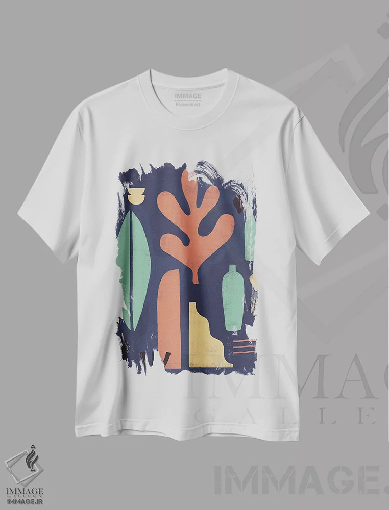 تیشرت سفید طرح دار شکل رنگین کمانی انتزاعی سه اثر هلو مورائس | immage.ir